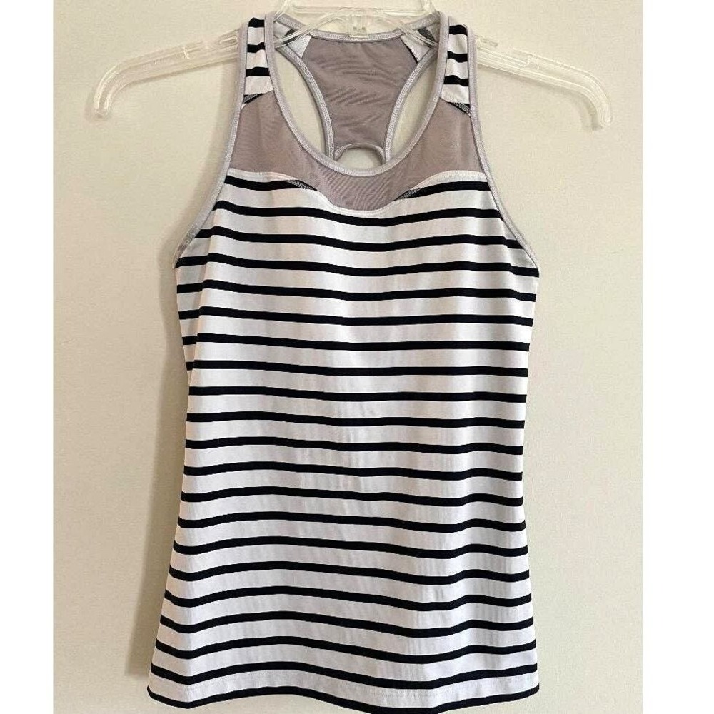 Athleta Striped Racerback Workout Tank Top with Shelf Bra Black White Size XS - Picture 5 of 9